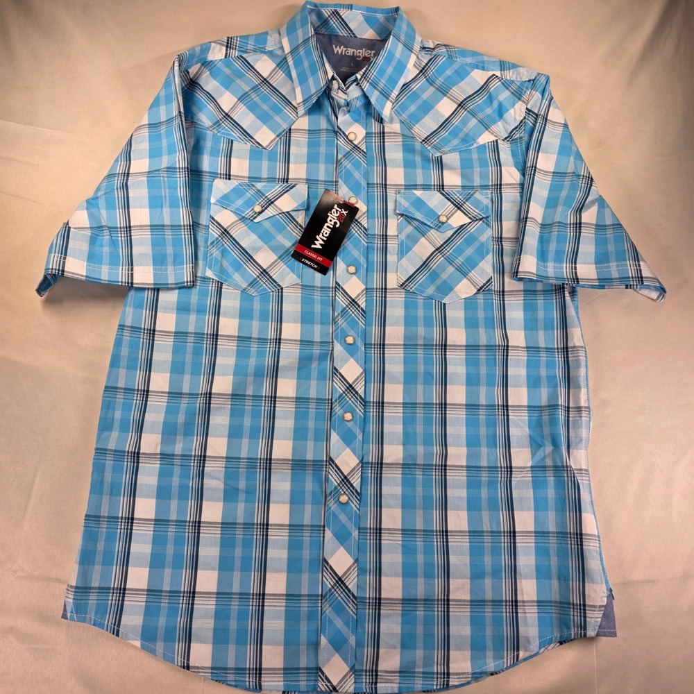 Wrangler 20X Mens Blue Plaid Short Sleeve Western Snap Shirt Classic Fit L NWT